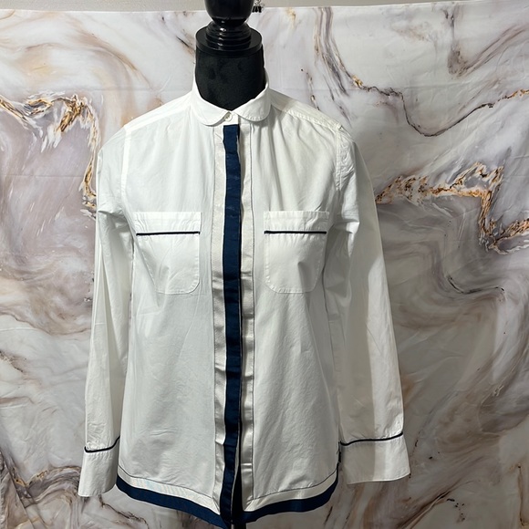 J. Crew Tops - J Crew Long Sleeve Collared Button Down With Navy and Gray Ribbon Trim Detail 2